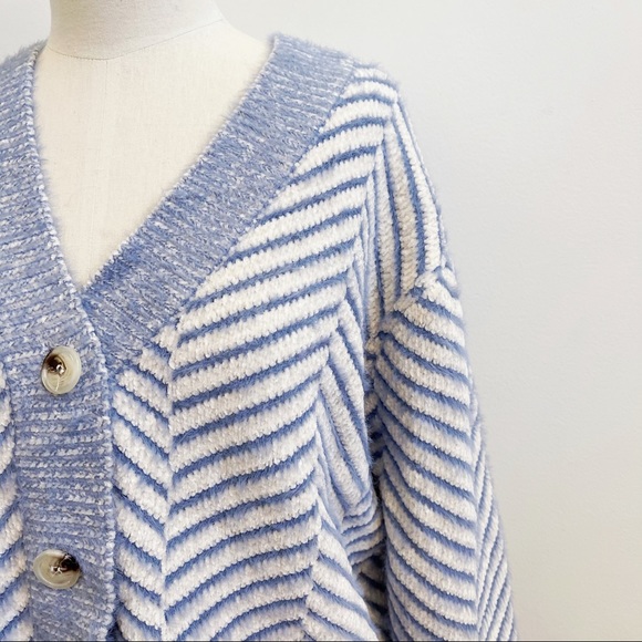 Frnch Paris Blue White Chevron Chenille Cardigan - Picture 7 of 13